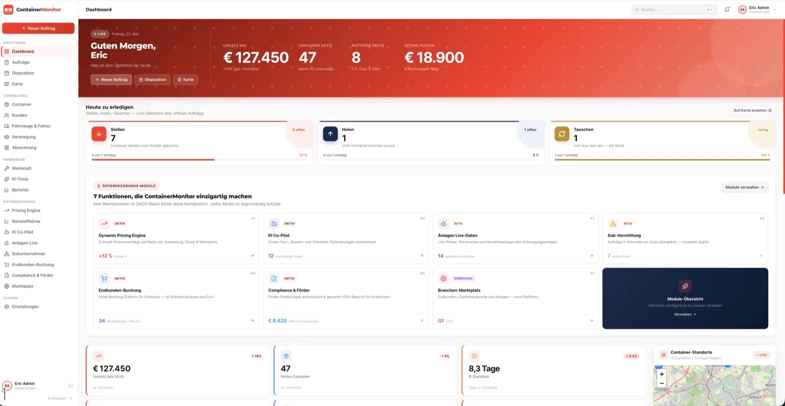 ContainerMonitor Dashboard — Live-KPIs, Aufgaben heute, Differenzierungs-Module