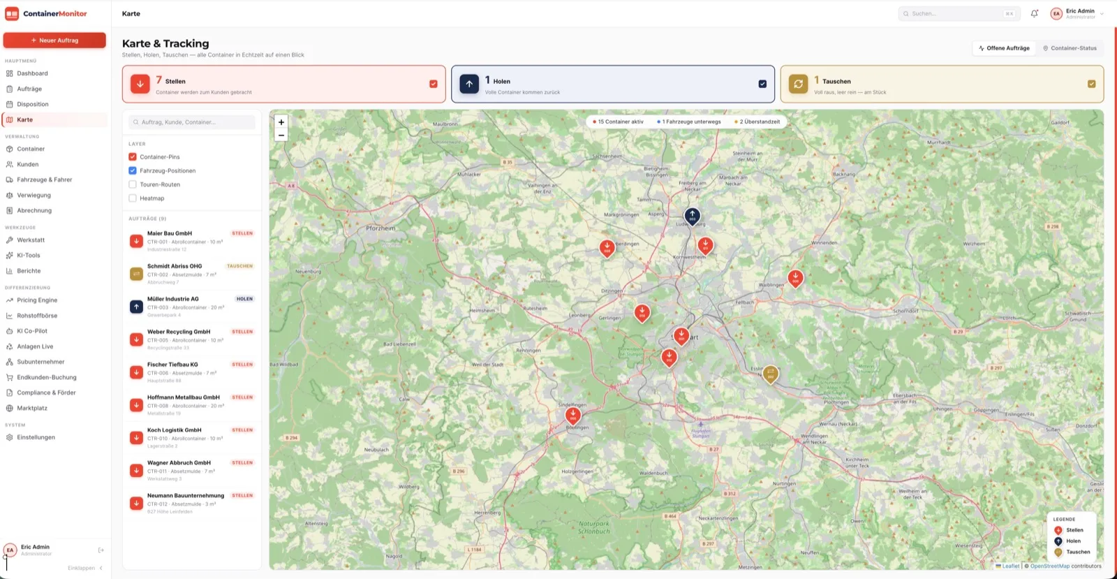 Live-Karte mit allen Containern, Filtern und Standorten