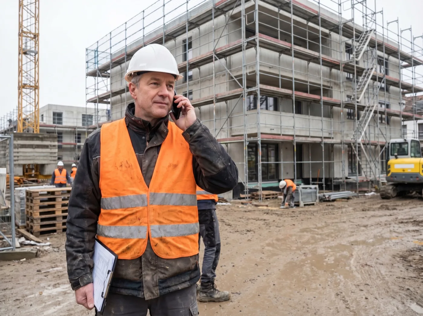 Bauleiter telefoniert auf der Baustelle und bestellt einen Container