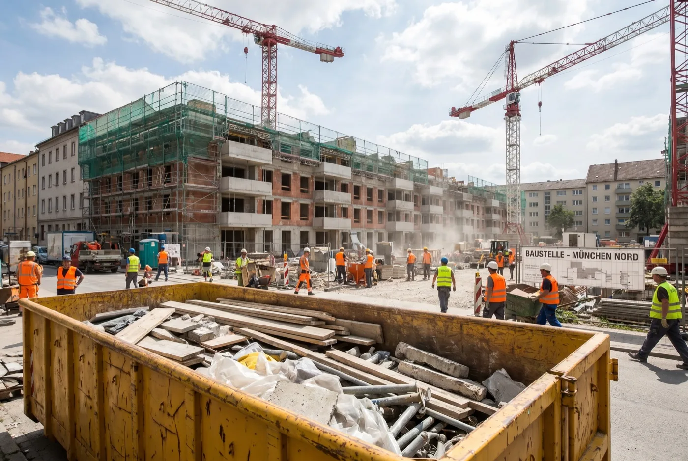 Großbaustelle in München mit Kränen und mehreren Containern