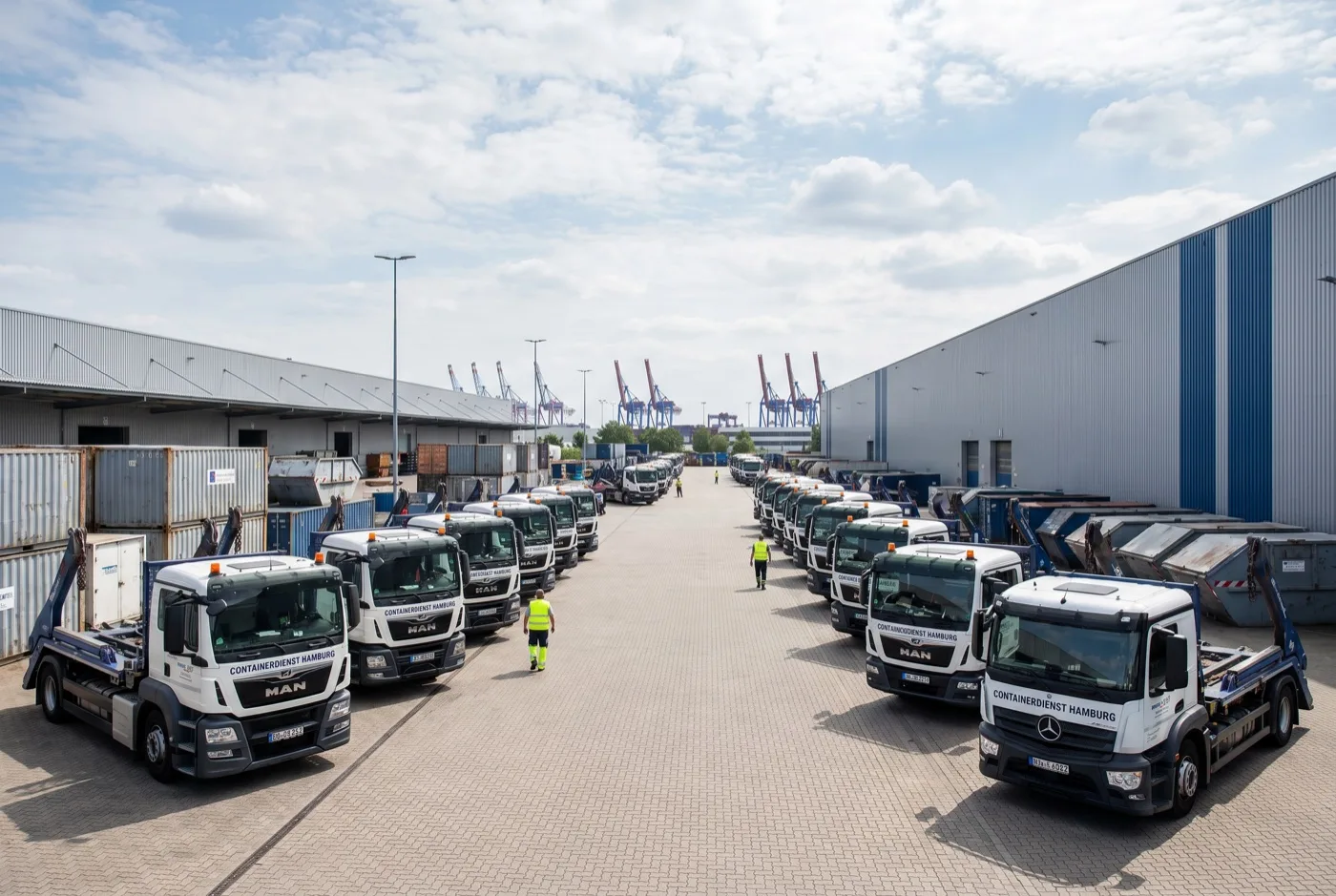 LKW-Depot in Hamburg mit aufgereihten Abrollkipper-Fahrzeugen