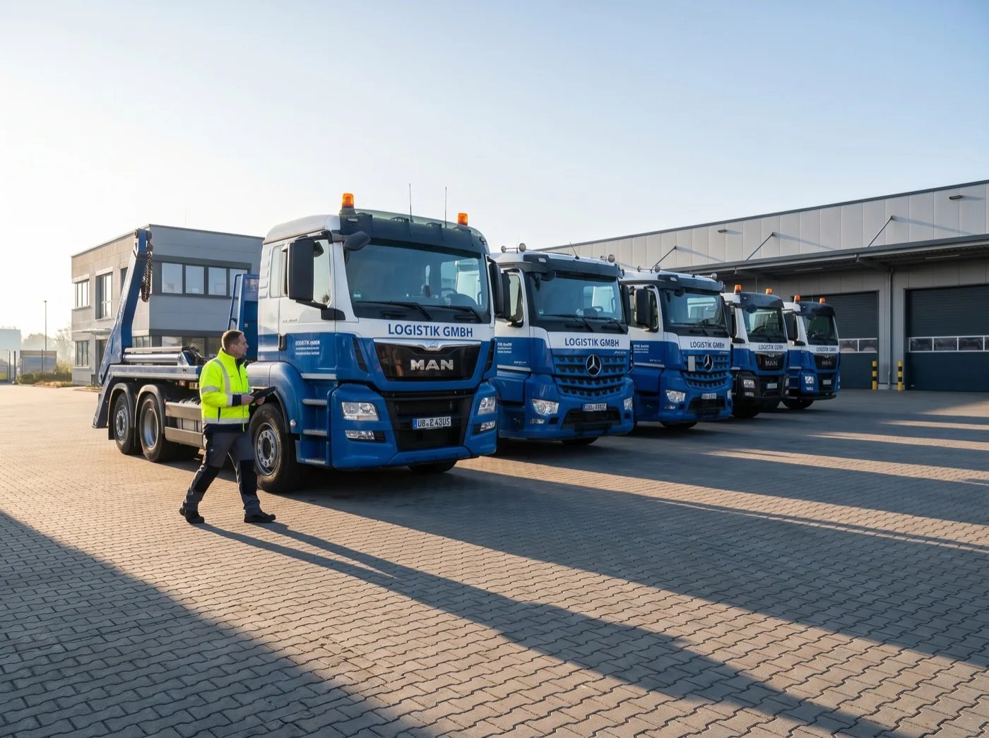 LKW-Flotte am frühen Morgen vor der Tour bereit zur Abfahrt