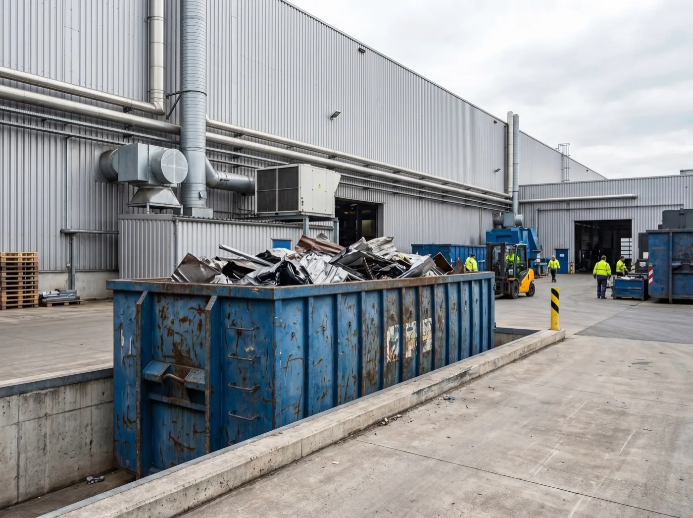 Presscontainer auf einem Industriegelände für Produktionsabfälle