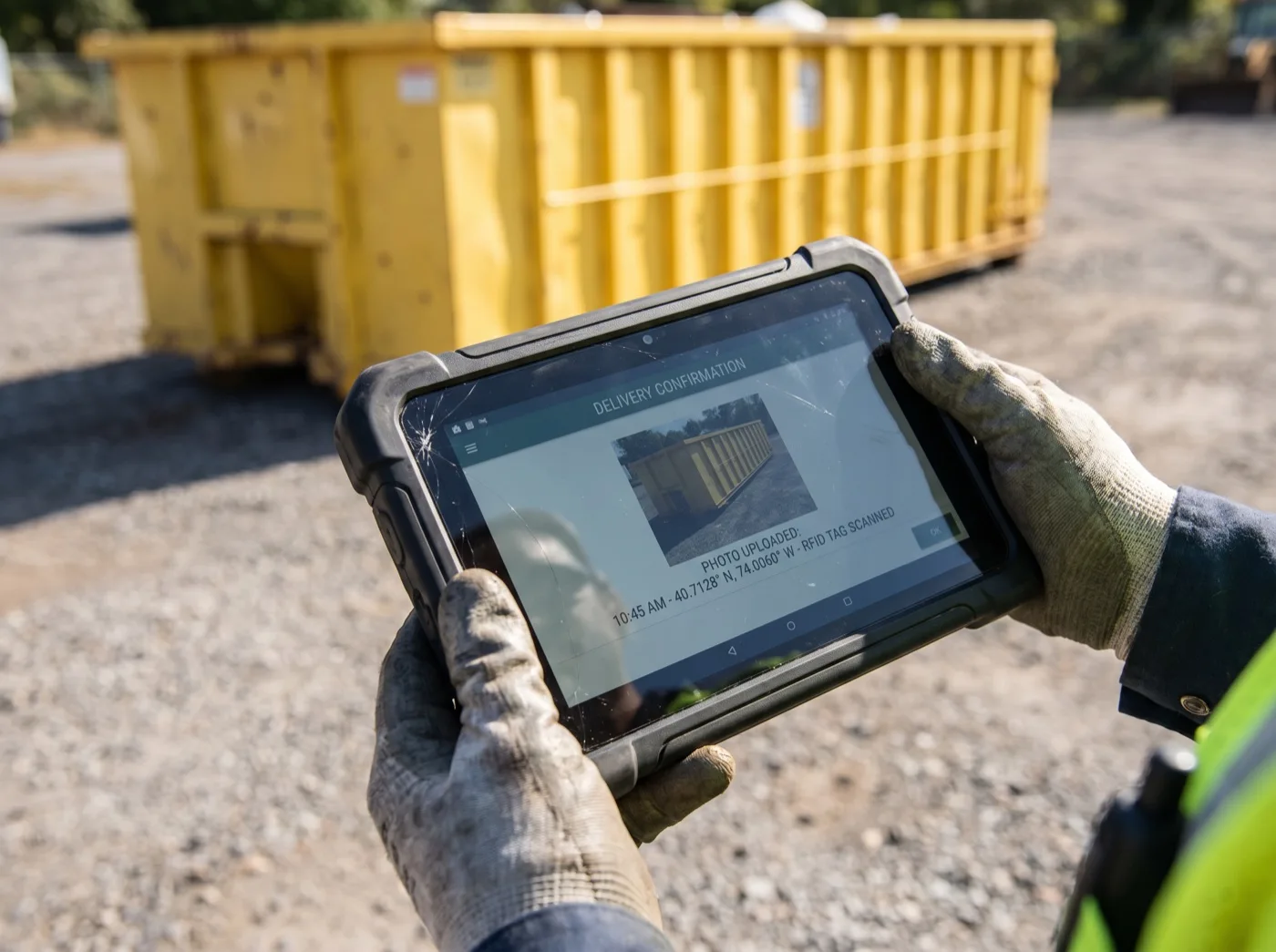 Fahrer dokumentiert den abgesetzten Container per Foto auf dem Tablet