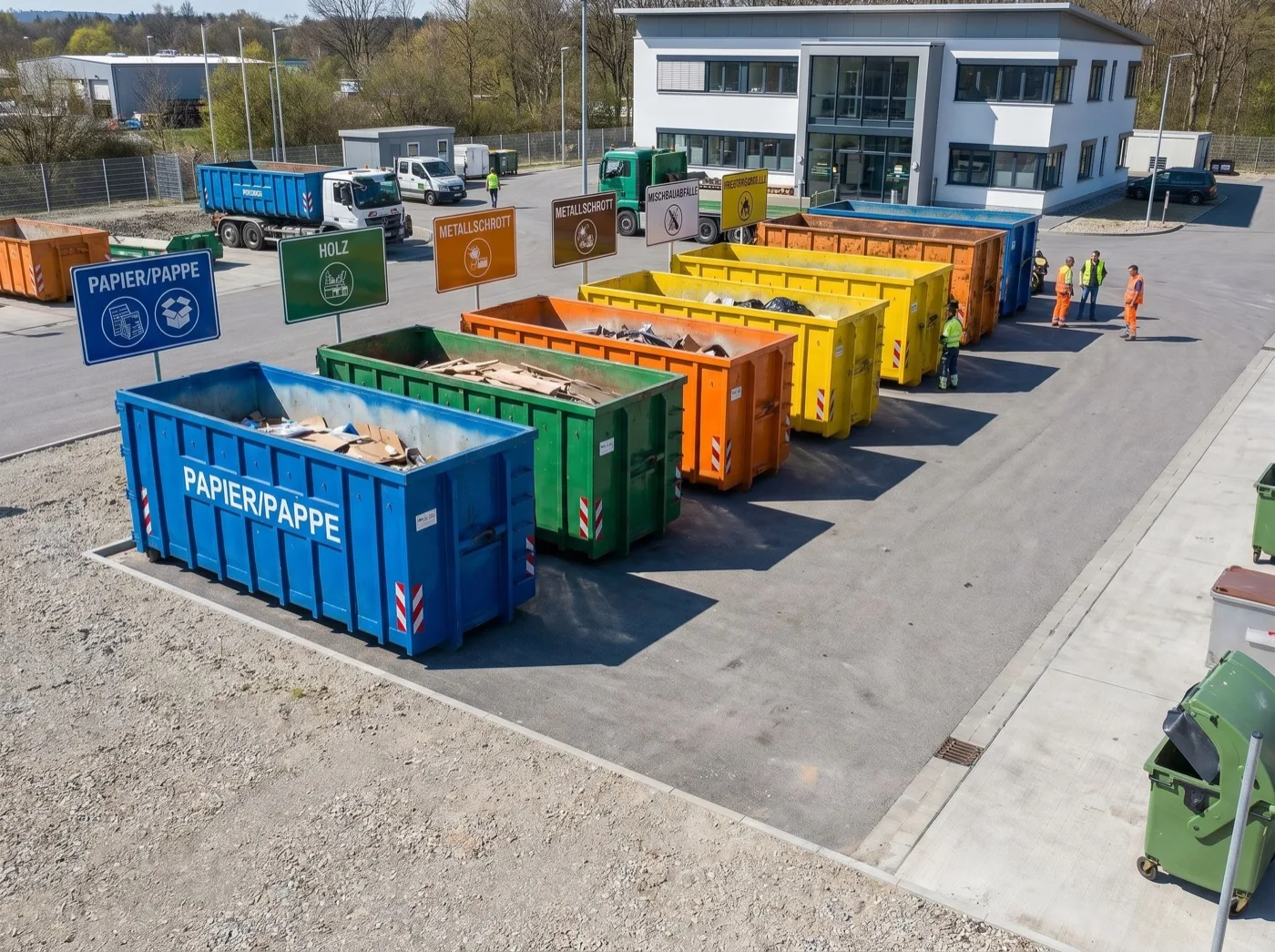 Wertstoffhof mit sortierten Materialfraktionen in Boxen